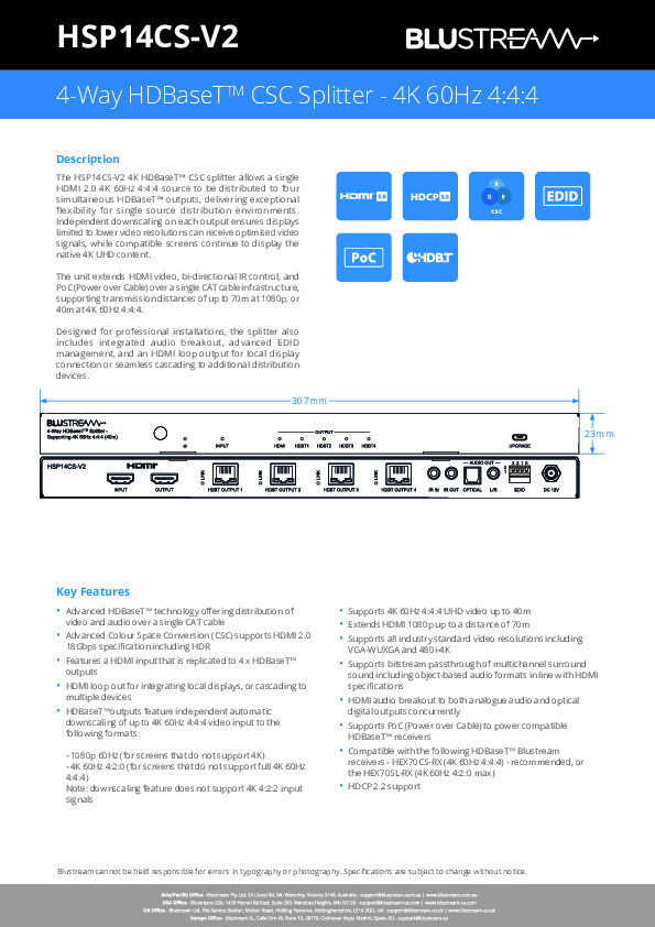 BLUSTREAM HDBaseT™ CSC 4 way Splitter