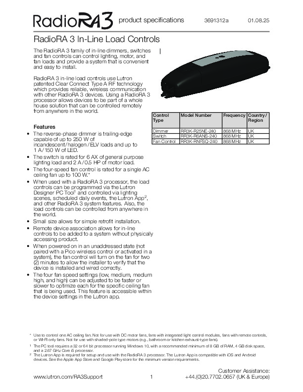 LUTRON RA3 In-Line Ceiling Fan Speed